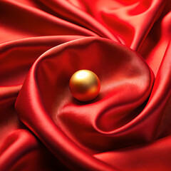 Elegant golden dot on red silk and satin fabric with a smooth, shiny texture, perfect for luxurious backgrounds or fashion.
