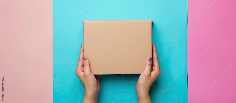 Aufkleber Hands holding a blank cardboard box against a colorful backdrop with copy space image
