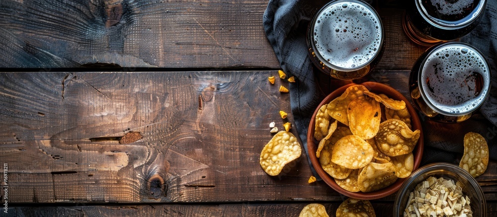 Poster snacks and chips pair with dark beer on a wooden surface creating a cozy ambiance in the copy space 