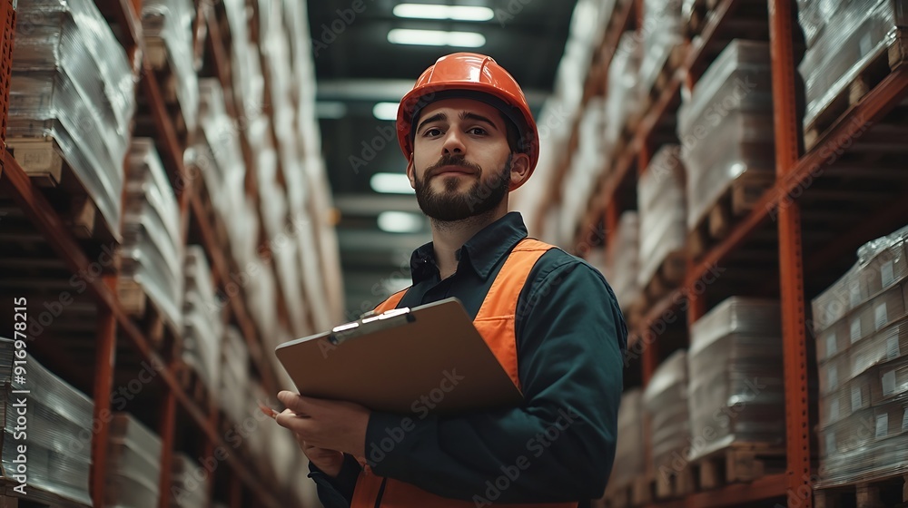 Poster portrait of man warehouse worker wearing uniform and helmet safety standing with clipboard for check