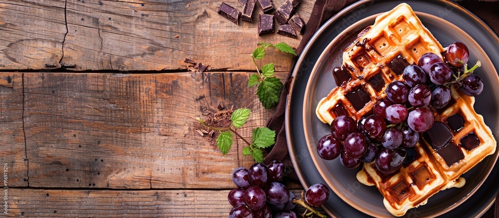 Aufkleber Scrumptious waffles topped with grapes and chocolate sauce presented on a rustic wooden table with a blank space for additional text or imagery in the photo