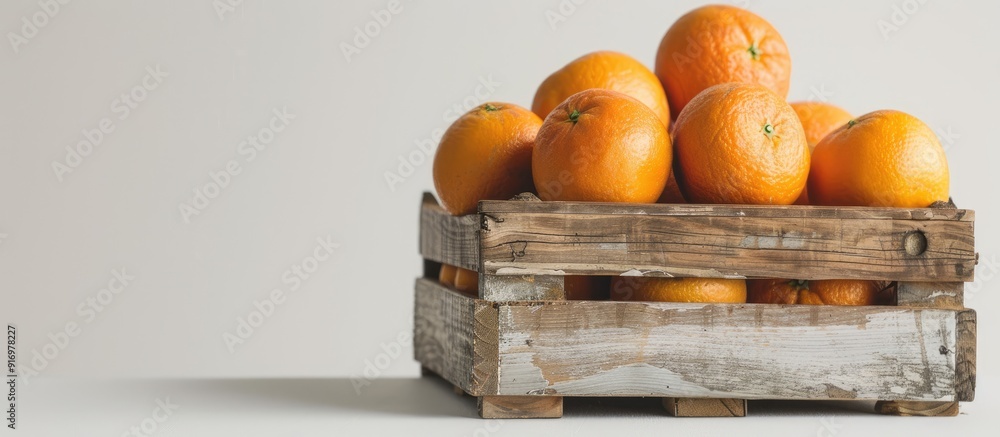 Poster fresh juicy oranges resting on a wooden box against a white backdrop showcasing a copy space image