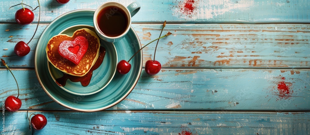 Aufkleber valentine s day breakfast includes heart shaped pancake with cherry sauce coffee and a plush heart t