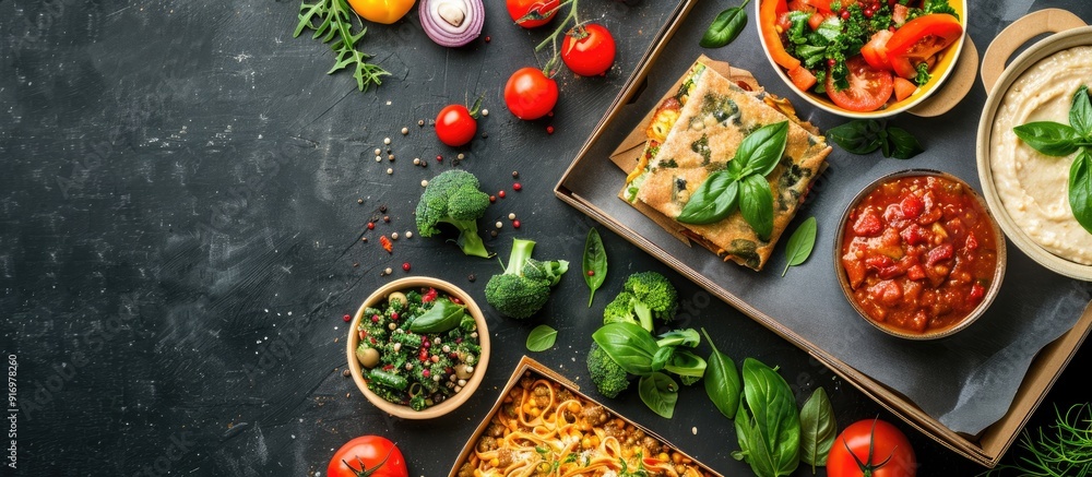 Aufkleber Restaurant meals delivered displaying a nutritious dietary option Top down view with ample copy space image