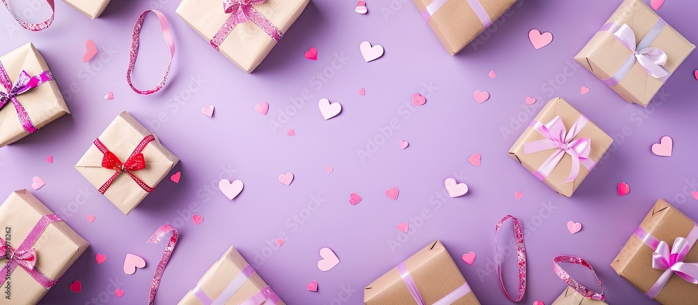 Aufkleber Pastel purple background adorned with assorted gift boxes setting the perfect Valentine s Day scene with a flat lay and top view offering ample copy space for an image