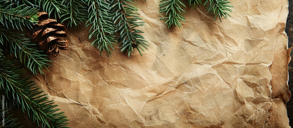 Poster Vintage parchment paper with room for text set against a backdrop of a Christmas tree branch isolated. Creative banner. Copyspace image