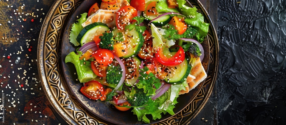 Aufkleber plate of vegetable salad with cheese pepper zucchini tomatoes onions lettuce and lavash bits topped 