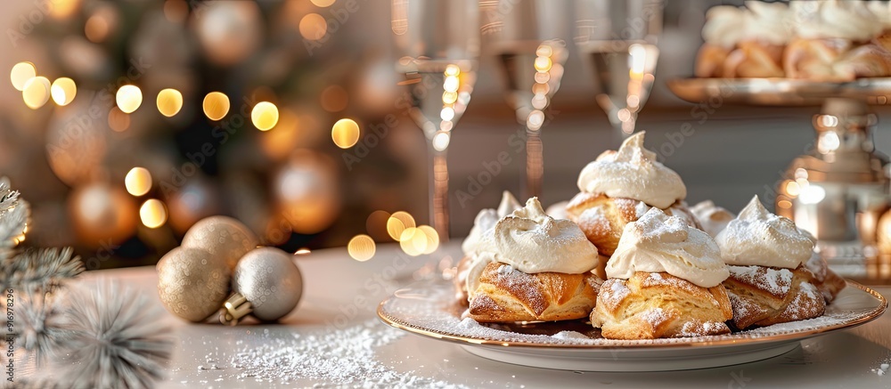 Poster Holiday vibes captured in a modern kitchen setting with a delectable display of homemade profiteroles with cream on a table perfect for a copy space image