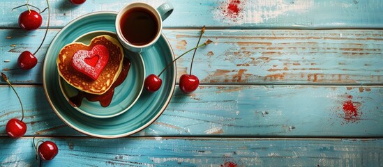 Valentine s Day breakfast includes heart shaped pancake with cherry sauce coffee and a plush heart toy on a tray placed on a light blue wooden table with copy space image