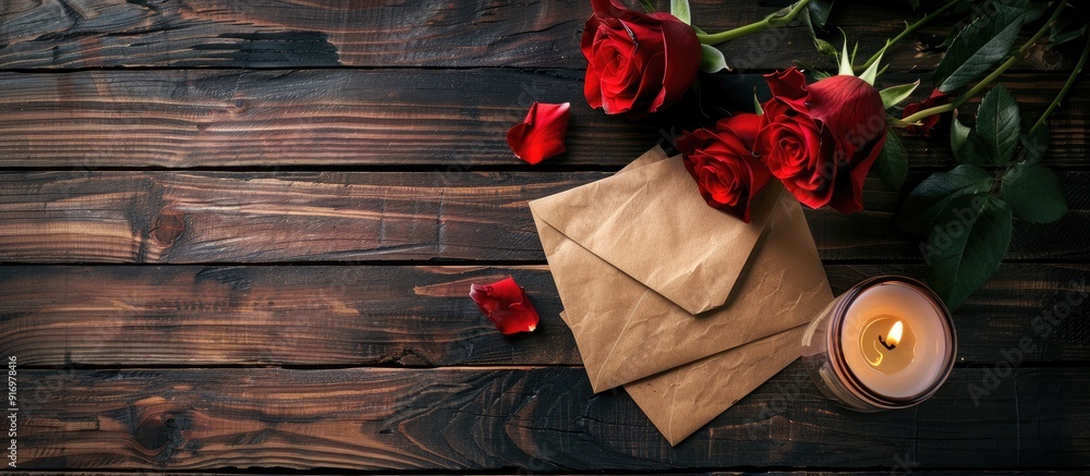 Poster valentine s day celebration with red roses an envelope and a candle arranged on a dark wooden backgr