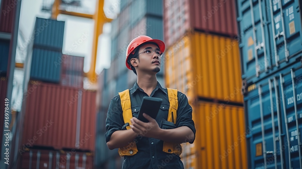 Aufkleber Business and technology digital future cargo logistics transportation import export concept Engineer using radio communication working at industrial port Container online checking cont : Generative AI