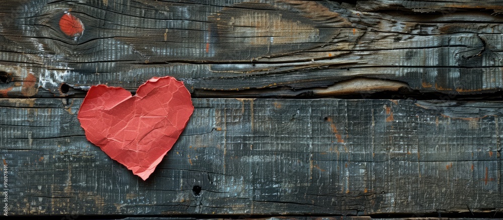 Poster heart shaped red paper note on weathered wooden background with copy space image