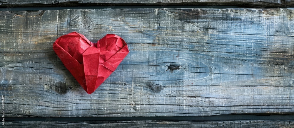 Poster valentine s day and romance concept with a red heart shaped paper on a wooden background showing lov