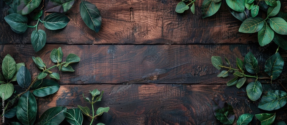 Aufkleber Creative rustic background with an arrangement of artificial leaves on a wooden surface for a flat lay top view copy space image with a design focus and empty space