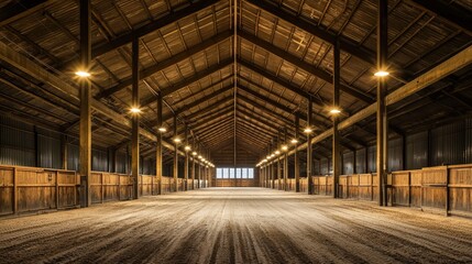Empty Horse Stable With Wooden Stalls and a Dirt Floor Illuminated by Overhead Lighting