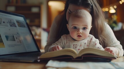 Mother baby and book with laptop for remote work at kitchen for reading ideas or editing in family home Woman infant and computer for creativity in notes freelance or thinking for medi : Generative AI