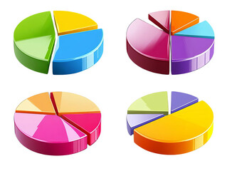Obraz premium Colorful 3D pie charts in various segments, perfect for data representation, business analytics, and financial reports visualization.