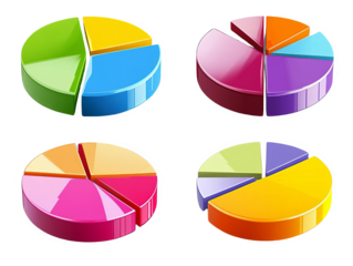Colorful 3D pie charts in various segments, perfect for data representation, business analytics, and financial reports visualization.