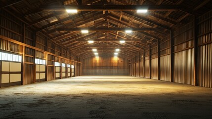 Empty Industrial Wooden Barn Interior with Light Streaming Through Doors