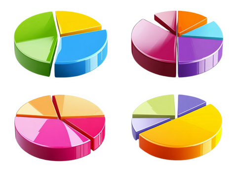 Colorful 3D pie charts in various segments, perfect for data representation, business analytics, and financial reports visualization.