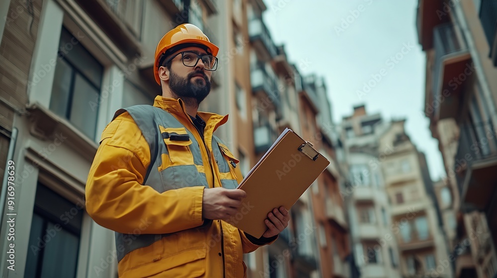 Poster Construction portrait man and architect with clipboard for building inspection and project management with ppe safety Engineer guy paper or checklist in city for property maintenance o : Generative AI