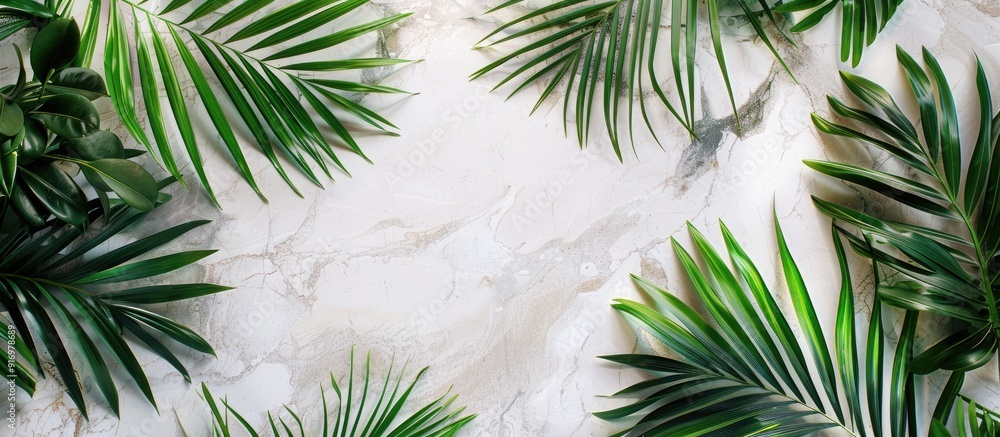 Poster a tropical vibe is captured in a photo of vibrant palm leaves against a white marble wall with space