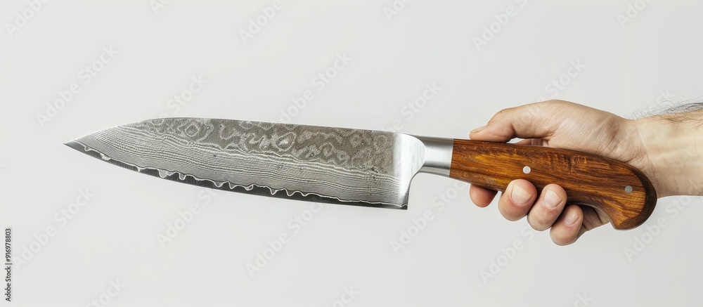 Poster a kitchen knife held by a hand featuring a wooden handle set against a white backdrop with blank spa