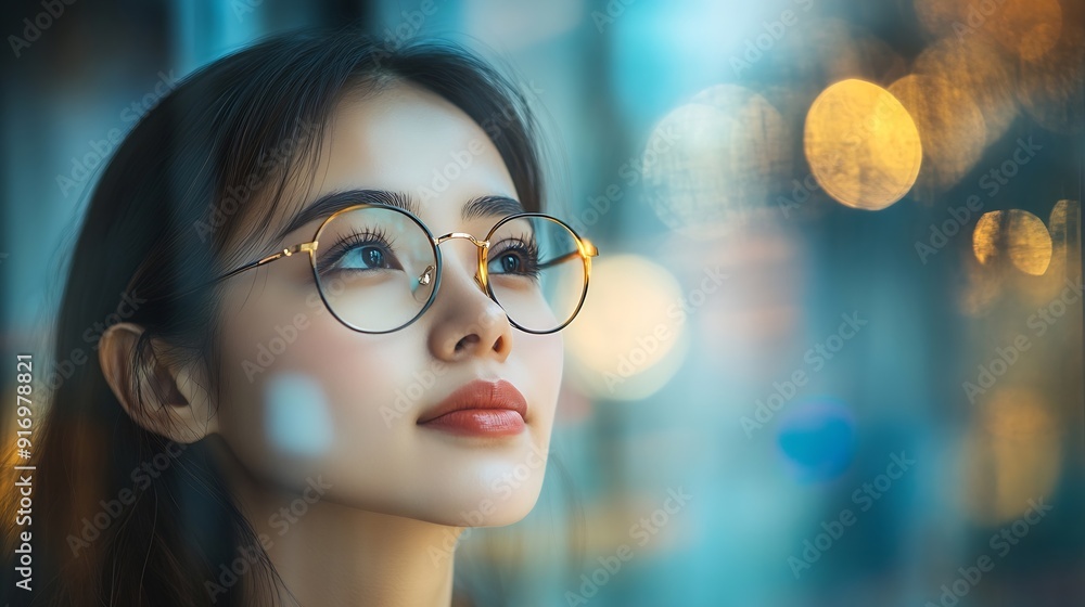 Poster pride thinking and woman with future window and decision with corporate professional and success per