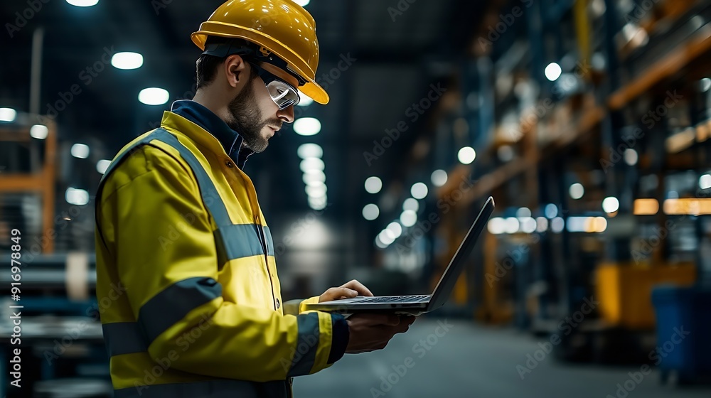 Poster safety manager inspection safety system factory engineer laptop computer technology : generative ai
