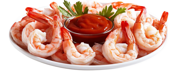 Fresh shrimp cocktail seafood platter with cocktail sauce garnished with parsley, ideal for gourmet dining, appetizers, and culinary presentations.