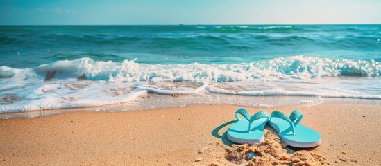 Summer vibes with flip flops on a sandy beach setting a relaxed mood with a copy space image