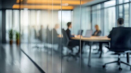 Business Meeting of Executives in Blurred View Behind Glass Wall - Strategy Planning - Office Workplace