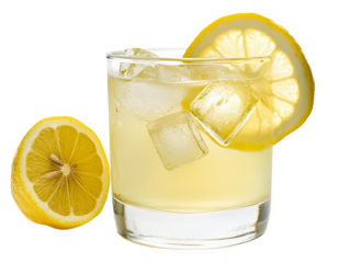 Refreshing glass of lemon juice with ice cubes and a lemon slice garnish, perfect for a summer drink or a healthy refreshment.