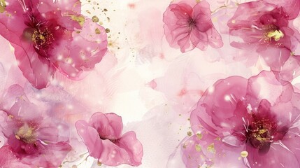 Fototapeta premium Elegant Watercolor Background with Deep Pink Florals and Gold Highlights, Adding Glamour to Any Space