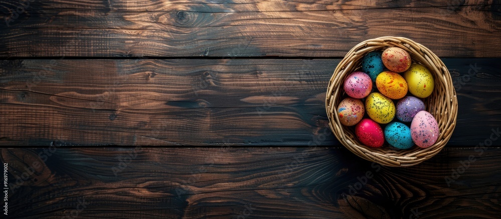 Poster flat lay with a wicker basket holding colorful easter eggs on a wooden table leaving room for text i
