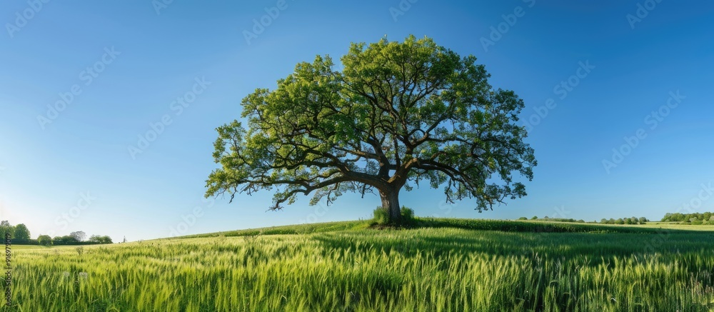 Poster Spring landscape showcasing an oak tree in a green field under a clear blue sky ideal for featuring text or other elements in the copy space image