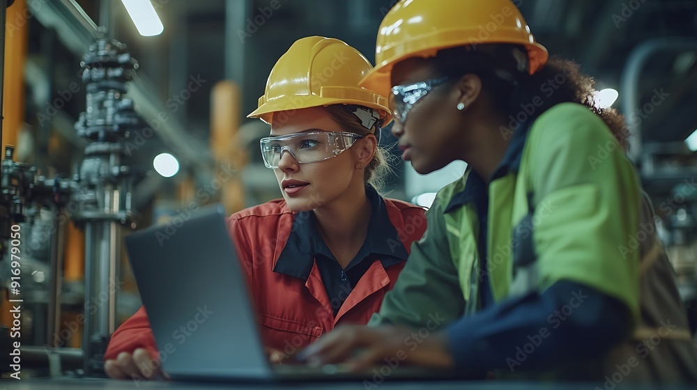Poster two female heavy industry employees in hard hats at factory discussing job assignments at industrial