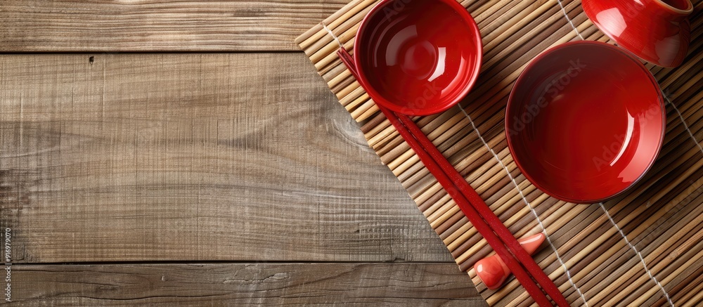 Poster japanese kitchenware set of red chopsticks bowls and cup arranged on a bamboo mat and wooden table w