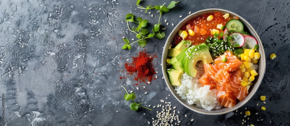 Poster top view of a hawaiian poke or buddha bowl featuring salmon rice cucumber corn radish and avocado on