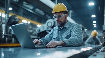 Factory engineer manager with assistant using laptop to conduct inspection of steel industrial machine exemplifying leadership as machinery engineering inspection supervisor in metalwo : Generative AI