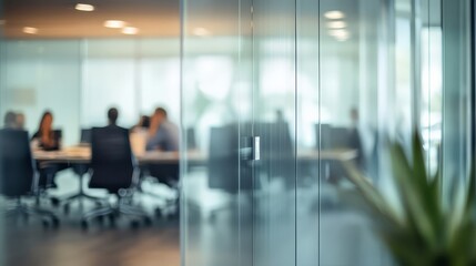 Business Meeting of Executives in Blurred View Behind Glass Wall - Strategy Planning - Office Workplace