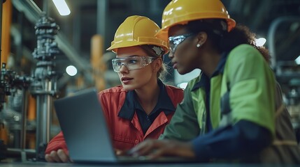 Two Female Heavy Industry Employees in Hard Hats at Factory Discussing Job Assignments at Industrial Machine Facility Using Laptop Computer Asian Engineer and African American Technici : Generative AI