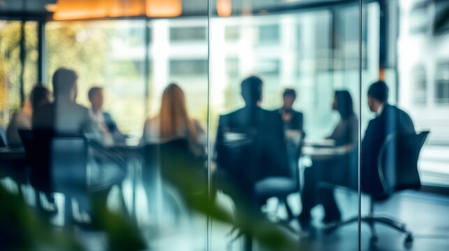 Business Meeting of Executives in Blurred View Behind Glass Wall - Strategy Planning - Office Workplace
