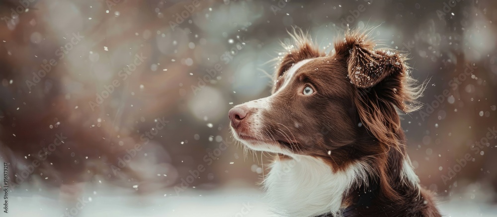 Poster young brown border collie in a snowy field adorable pup with copy space image