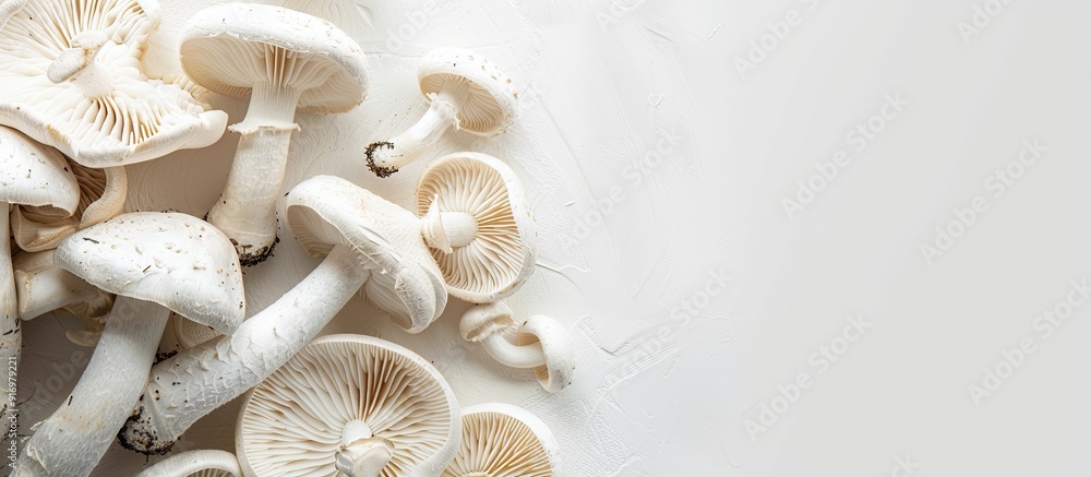 Poster White mushrooms on a white background creating a clean aesthetic with copy space image