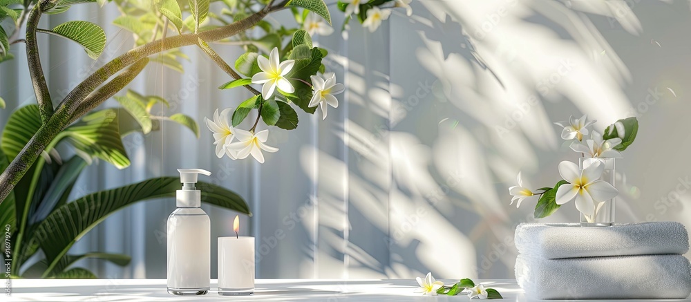 Aufkleber a serene spa wellness display with beauty and fashion items on a white table featuring a spa towel c