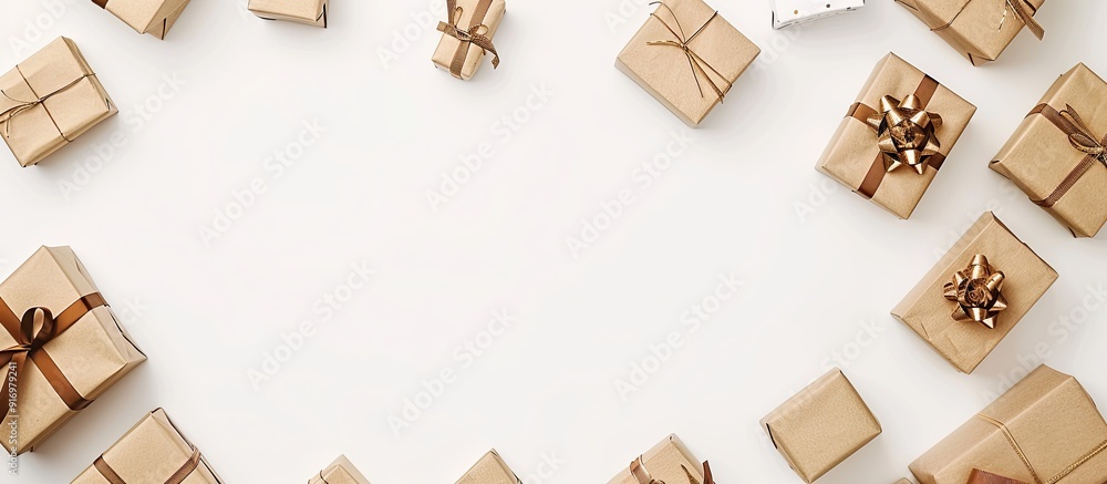 Fototapete There is a top down perspective of present boxes against a white backdrop with ample copy space image