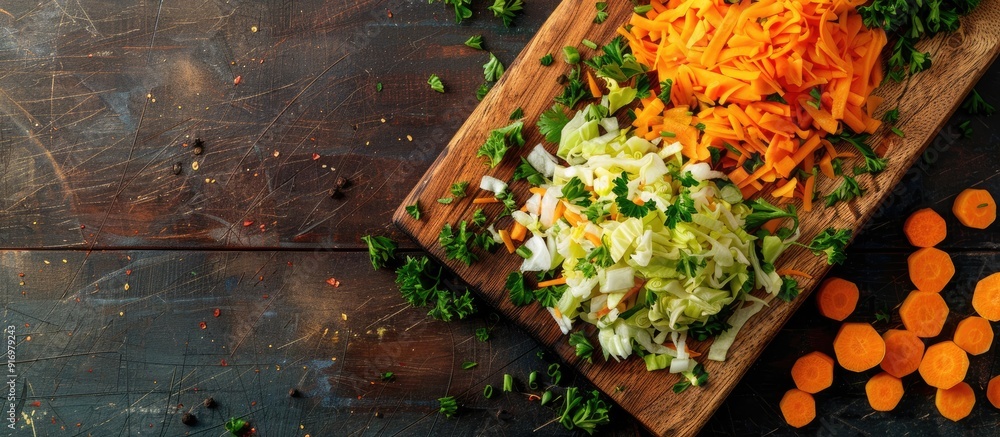 Aufkleber Fresh vegetables like chopped carrot and cabbage are arranged on a wooden cutting board in a rustic style top view ideal for a healthy food concept with copy space image
