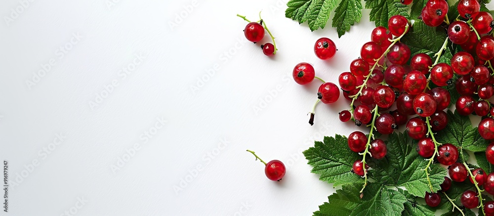 Poster Red currants ripe and leafy set on a white backdrop with room for text or images. Creative banner. Copyspace image