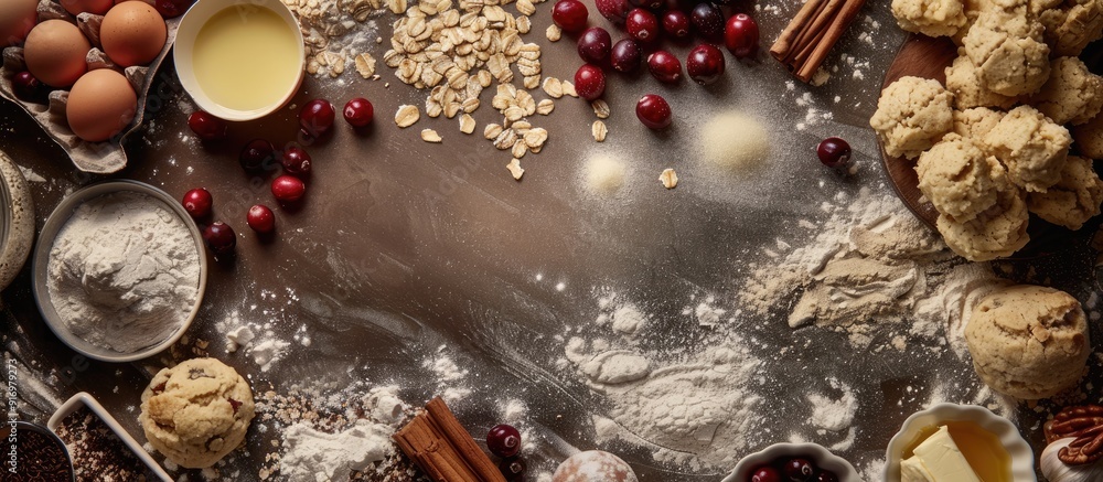Aufkleber a food photography of various raw ingredients like oat biscuits cookie dough egg sugar flour butter 